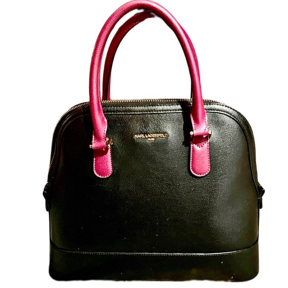 Karl Lagerfeld Paris Black Leather & Magenta Simone Satchel - Picture 2 of 16